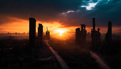 Obraz premium destroyed city with a beautiful sunset, future, dark