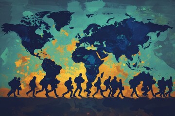 lots of refugees running away on the world map background