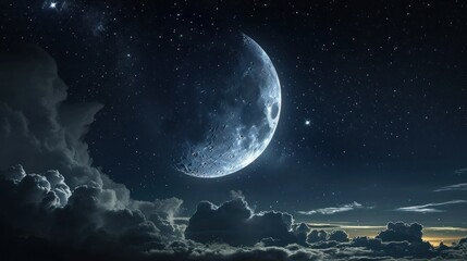  an image of a moon in the sky with clouds in the foreground and a few stars in the sky in the middle of the middle of the night sky.