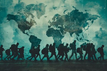 lots of refugees running away on the world map background - obrazy, fototapety, plakaty