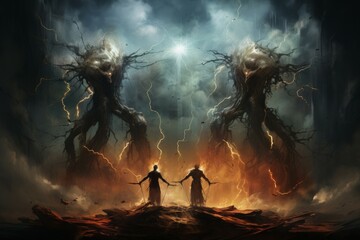 Ferocious thunderstorm giants, summoning lightning and thunder with their mighty presence - Generative AI - obrazy, fototapety, plakaty
