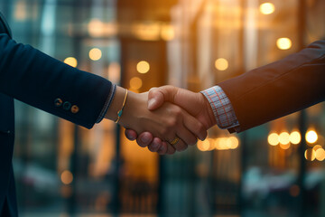 Business people shaking hands in the office, Corporate Alliance: Senior Executives Shaking Hands Post-Negotiation at Urban Office Locale, Symbolizing Success, Collaboration, Investment Acumen, and Str