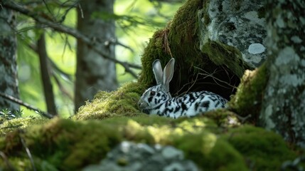  a rabbit is sitting in the middle of a mossy area next to a tree and a mossy area is covered in licheny lichen and moss. - obrazy, fototapety, plakaty