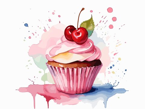 a watercolor painting of a cupcake with a cherry	