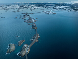 The Atlantic Ocean Road with Storseisundet Bridge in winter (Nordmore, Norway).