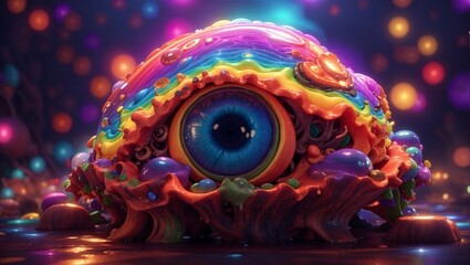 Psychedelic rainbow alien big-eyed creation covered in coral mushrooms, colorful background, 3D Rendering