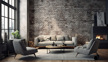 Modernes rustikales Wohnzimmer mit einem Sofa  - obrazy, fototapety, plakaty