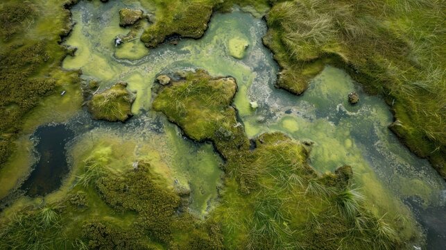  an aerial view of a body of water with green algae in the water and grass on both sides of the water and land on the other side of the water.