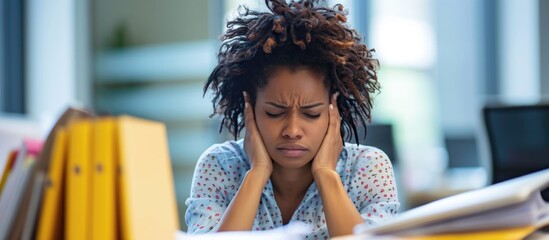 An overwhelmed black woman in the office experiencing physical and mental strain from work-related challenges, resulting in frustration, fatigue, and financial difficulties. - obrazy, fototapety, plakaty
