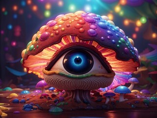 Psychedelic alien big-eyed creation covered in coral mushrooms, colorful background, 3D Rendering