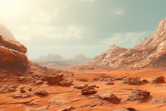 Rusty orange Martian landscape with cliffs and sand.