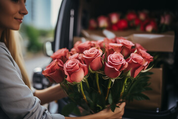 Woman hands holding bouquet of tender pink roses and is about to put them in the trunk of a cargo minibus. Flowers delivery concept. - Powered by Adobe