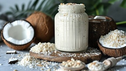 Obraz na płótnie Canvas A glass with coconut milk strewn with flakes on a wooden surface surrounded by coconut and palm leaves sprinkled with coconut flakes. Concept: vegan products and cosmetics 