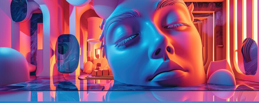 a large-format surreal image depicting a large, calm human face lying on its side among abstract shapes and bright neon lighting in a futuristic setting