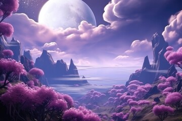 Lilac flowers in alien landscape with green sky and moon. - obrazy, fototapety, plakaty