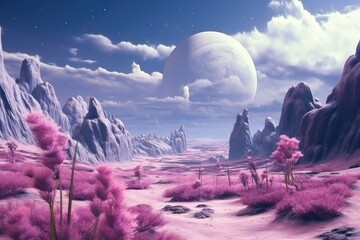 Lilac flowers in alien landscape with green sky and moon.