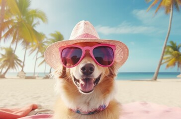a dog wearing a pink hat and sunglasses on a beach