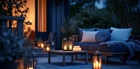 a relaxing patio space with furniture and lanterns