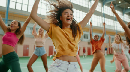 a group of women dance in a sports complex
