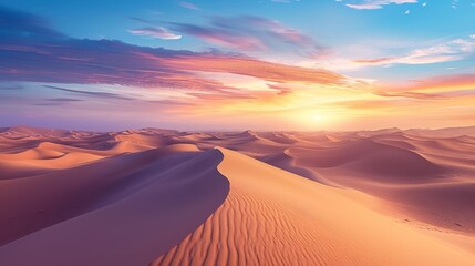  a desert landscape with sand dunes and a setting sun in the middle of the day with clouds in the sky and the sun setting in the middle of the middle of the day.