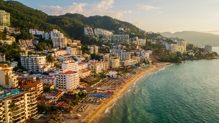 Fototapeta na wymiar Puerto Vallarta aerial of romantic zone old town Nayarit Mexico drone reveal resort and hotel in. romantic zone travel destination for expat