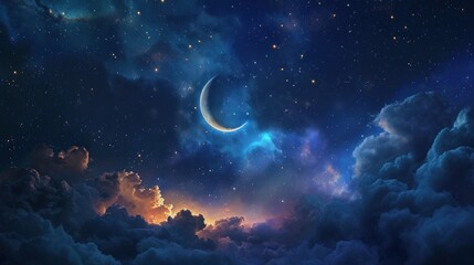 Obraz na płótnie Canvas a night sky filled with clouds and a crescent in the middle of the night, with stars and a crescent in the middle of the night sky above the clouds.