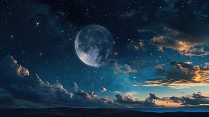  a night sky with a full moon and stars in the sky and clouds in the foreground, and a few clouds in the foreground, and a few stars in the foreground.