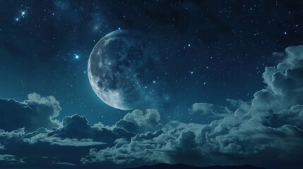  a full moon in the night sky with clouds and mountains in the foreground, and a few stars in the sky, and a few clouds in the foreground.