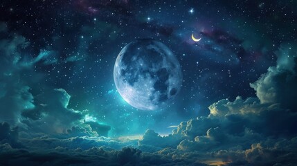  an image of a night sky with stars and a moon in the middle of the night, with clouds and stars in the sky, and the moon in the middle of the middle of the night.
