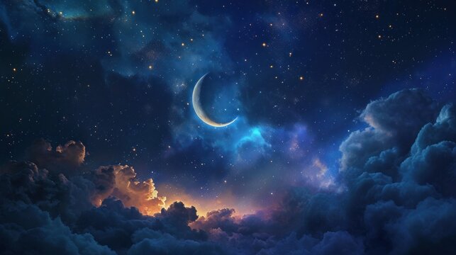  a night sky filled with clouds and a crescent in the middle of the night, with stars and a crescent in the middle of the night sky above the clouds.