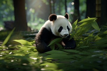 Obraz premium a panda bear is eating bamboo leaves