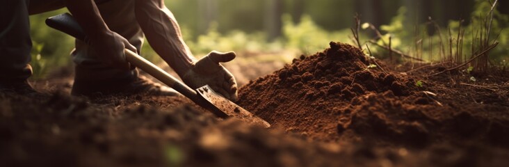 Fototapeta premium a hand digging into a ground is in focus at the edge of a clearing