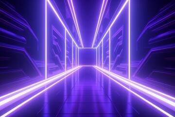 a long hallway with bright neon light and purple