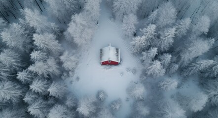 a red house is covered in snow in a wooded area