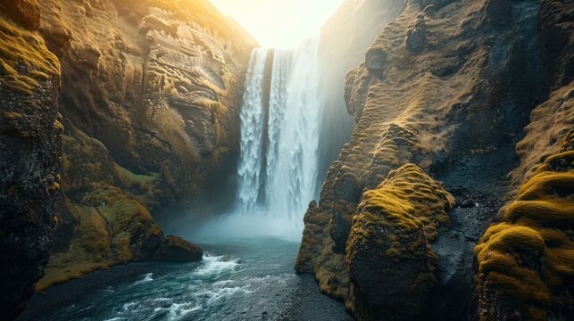  a view of a waterfall with moss growing on the rocks and water running down the side of the waterfall, with the sun shining on the side of the waterfall.