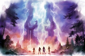 Ferocious thunderstorm giants, summoning lightning and thunder with their mighty presence - Generative AI - obrazy, fototapety, plakaty