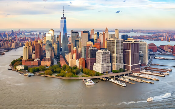 Aerial Photo of Manhattan Island with Office and Apartment Buildings. Hudson River Scenery with Yachts, Boats, One World Trade Center Skyscraper in the Middle of Skyline