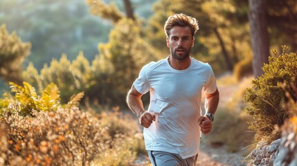 A fit man jogging uphill, showcasing determination and effort in the pursuit of a healthy lifestyle. [Man jogging uphill, healthy lifestyle concept - obrazy, fototapety, plakaty