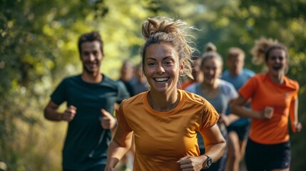 A group participating in a parkrun event, showcasing the community aspect of a healthy lifestyle. [Parkrun event participants, healthy lifestyle concept - obrazy, fototapety, plakaty