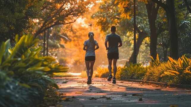 A couple jogging hand in hand, showcasing the bond of shared wellness and joy in a beautiful park. [Couple jogging together, healthy lifestyle concept