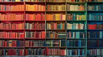 Color-coded bookshelves creating a visually striking and organized display. [Color-coded bookshelves