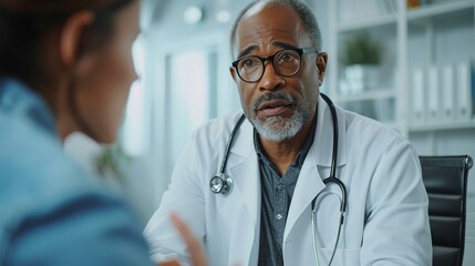 Fototapeta premium Thoughtful close-up of a doctor in a white coat deep in conversation with a patient. [Doctor in conversation with patient