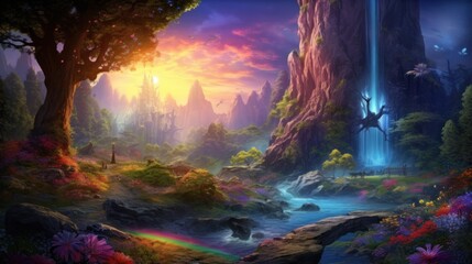 Fantasy landscape with vibrant colors and enchanted nature. World of imagination.