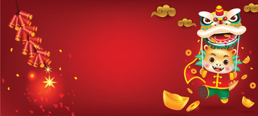 Happy Chinese new year 2024 banner with cute dragon performing lion dance