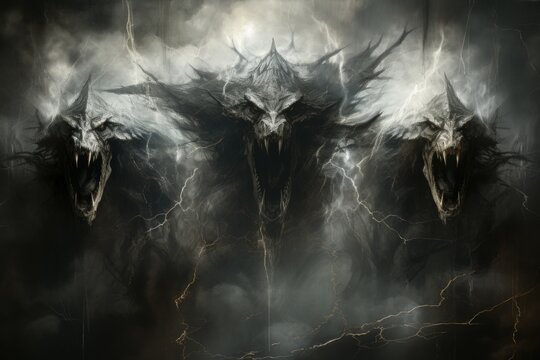 Ferocious thunderstorm giants, summoning lightning and thunder with their mighty presence - Generative AI