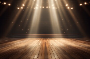 a stage with spotlights and a wooden floor