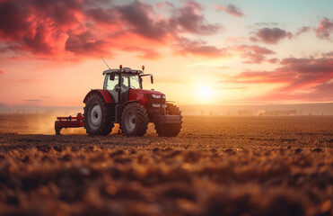 Obraz premium a tractor driving through a field at sunset