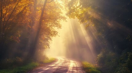  a dirt road in the middle of a forest with sunbeams shining through the trees on either side of the road and the road is surrounded by grass and trees.