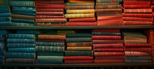 a stacked rainbow of colorful books on a shelf