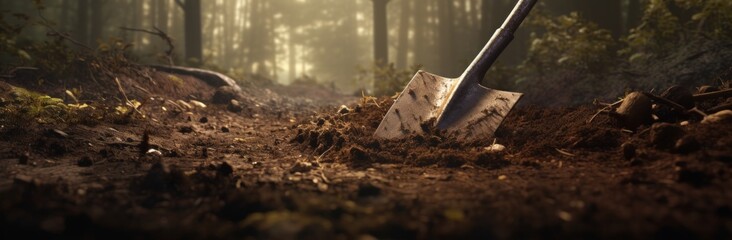 a shovel digging the ground in woodlands concept of nature on the ground - obrazy, fototapety, plakaty